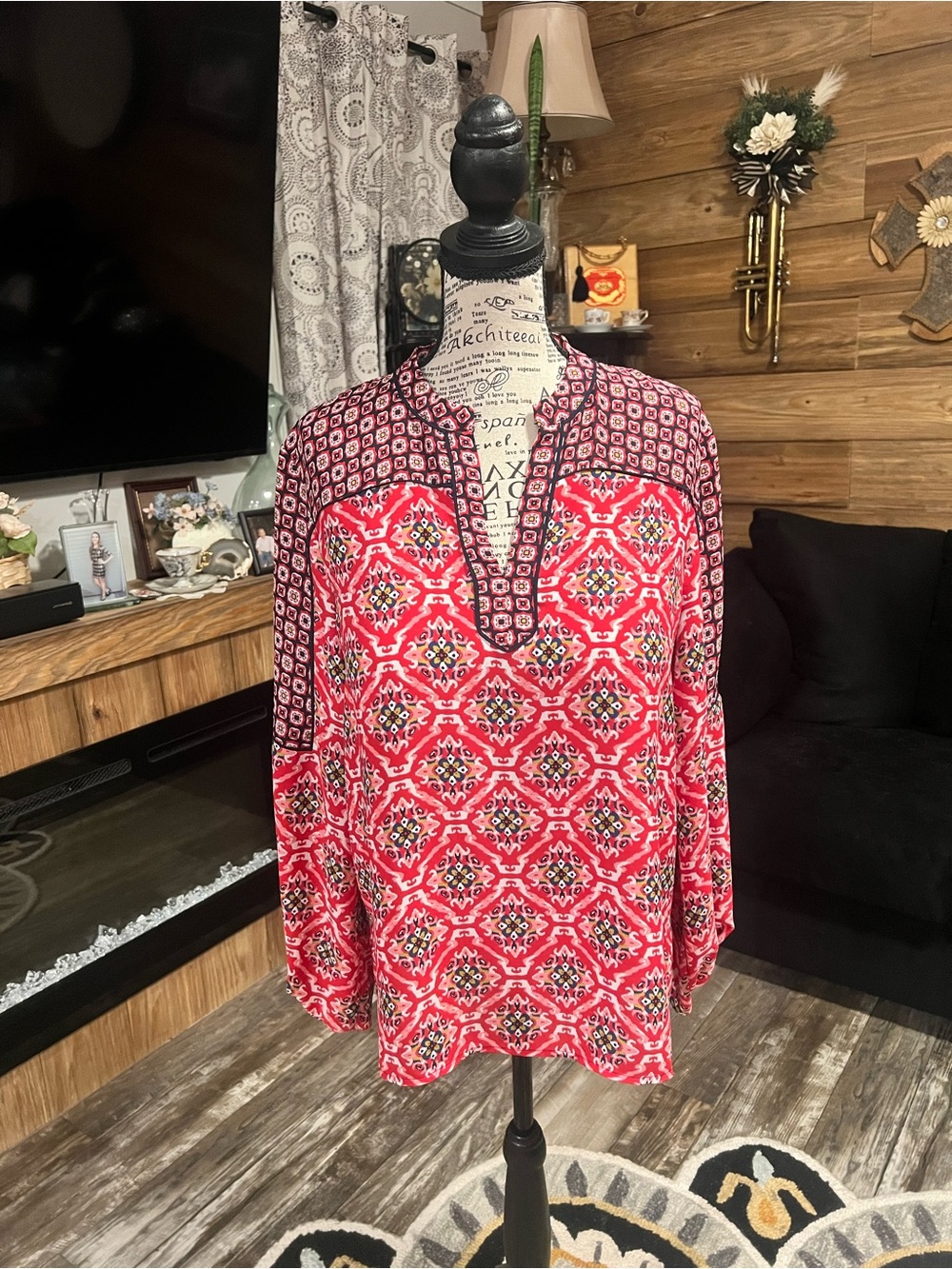 LOFT Red Printed V-Neck Long Sleeve Tunic